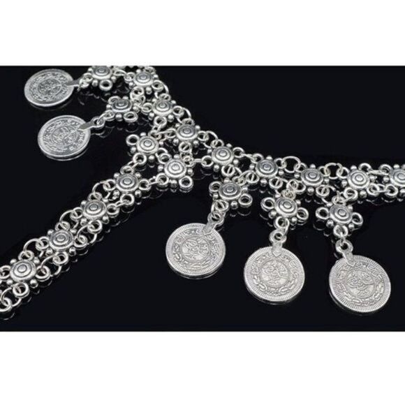 Silver Adjustable Dangling Coin Tassel Boho Anklet Foot Chains - Set of 2 - Picture 4 of 5